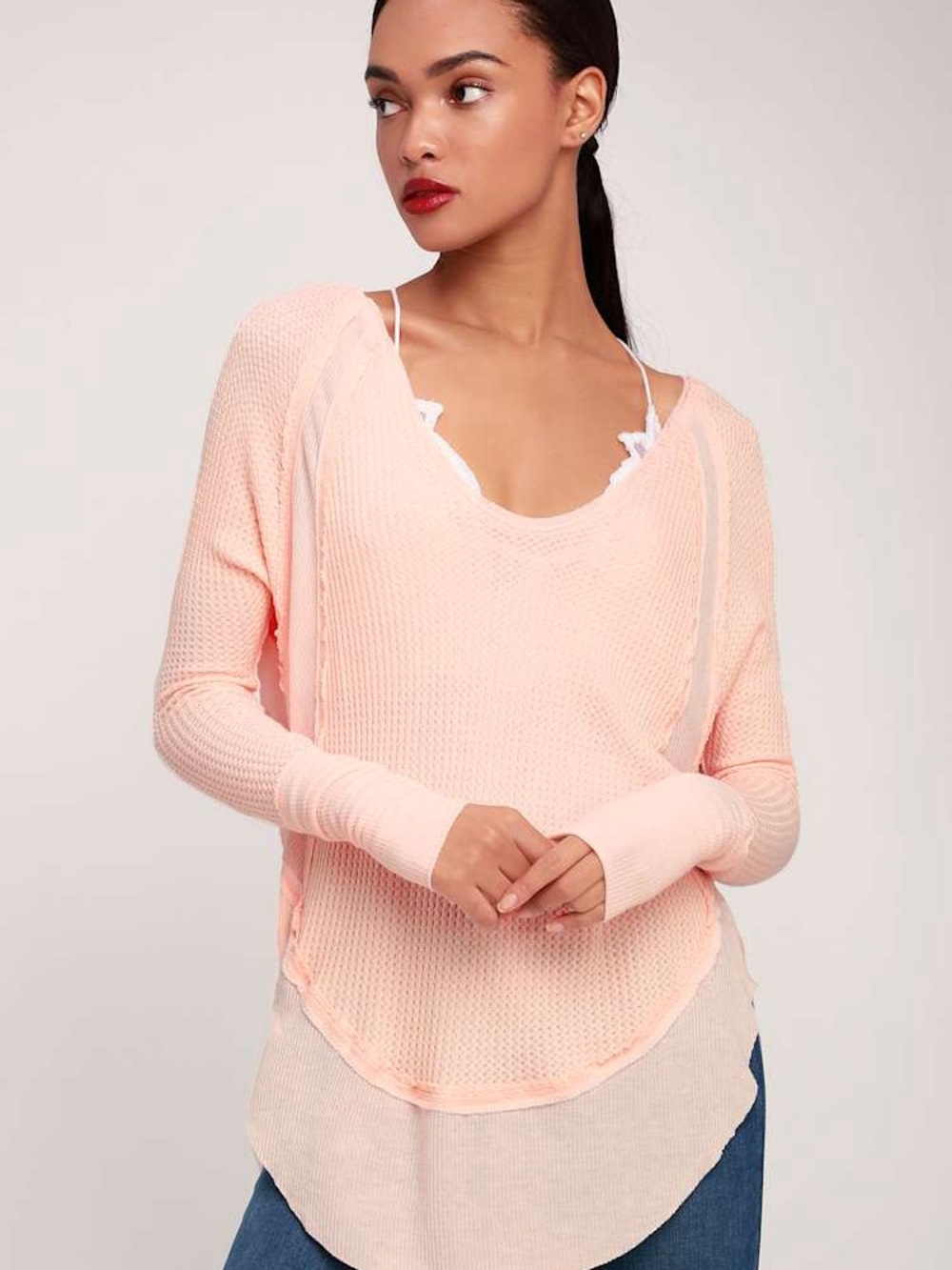 Free People Catalina Light Peach Long Sleeve Thermal Top // L